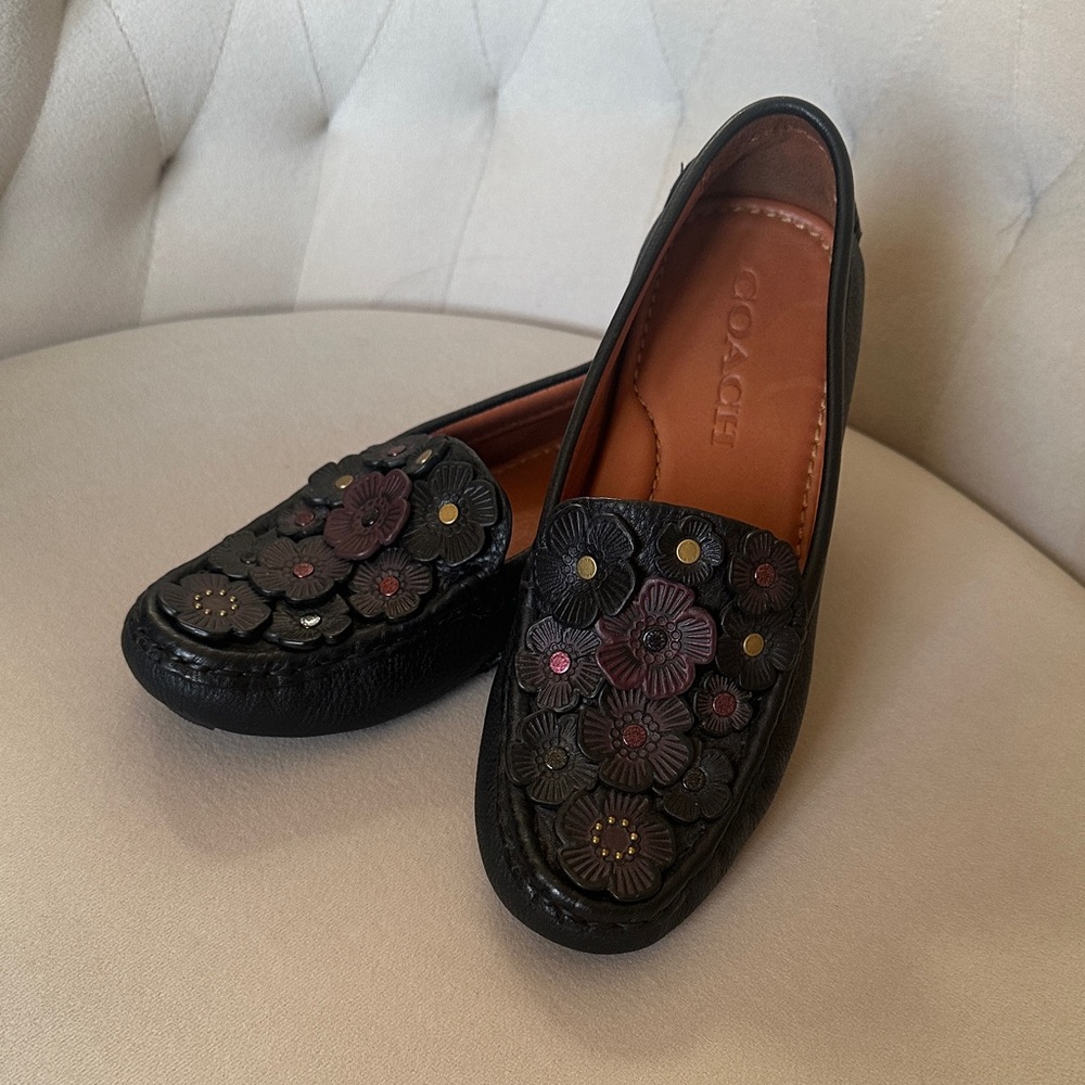 Coach Black Loafers with Floral Embellishments